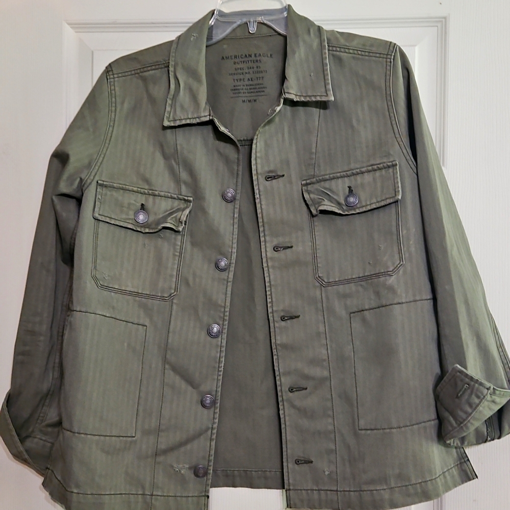 American Eagle Distressed Olive Green Military Jacket, size M....